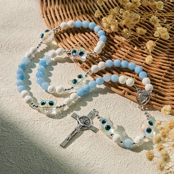 Glass Cat Blessing with Aquamarine & White Lava Stone Memorial Animal Rosary