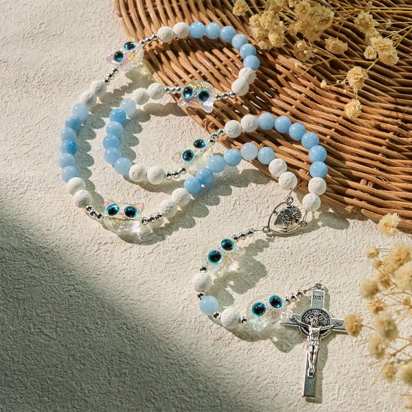 Glass Cat Blessing with Aquamarine & White Lava Stone Memorial Animal Rosary