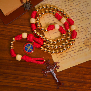 Golden Glory Beads Red Paracord Rosary with St. Benedict
