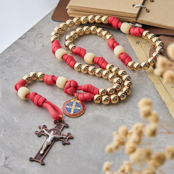 Christianartworkshop Golden Glory Beads Red Paracord Rosary with St. Benedict