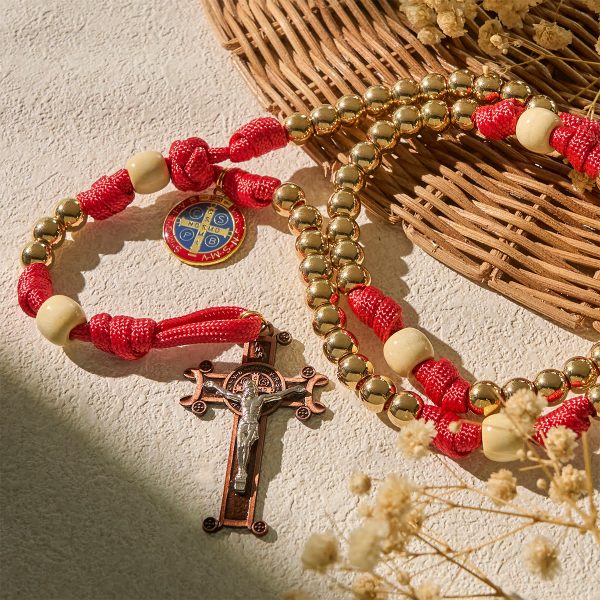Christianartworkshop Golden Glory Beads Red Paracord Rosary with St. Benedict