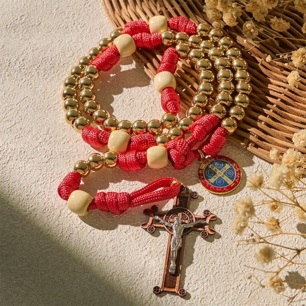 Christianartworkshop Golden Glory Beads Red Paracord Rosary with St. Benedict