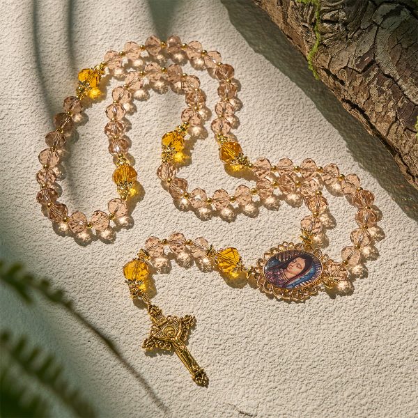 Shimmering Amber Beads Rosary Featuring Graceful Our Lady of Guadalupe Medal