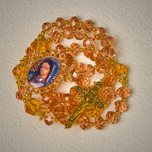 Shimmering Amber Beads Rosary Featuring Graceful Our Lady of Guadalupe Medal
