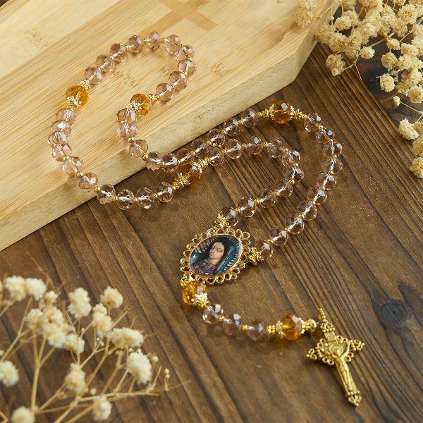 Shimmering Amber Beads Rosary Featuring Graceful Our Lady of Guadalupe Medal