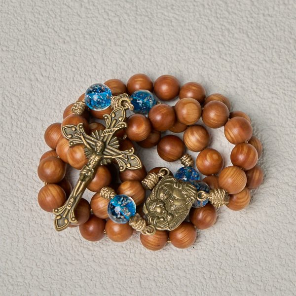 Rustic Thuja Wooden & Ocean Blue Rosary with Holy Family Guidance & Blessing