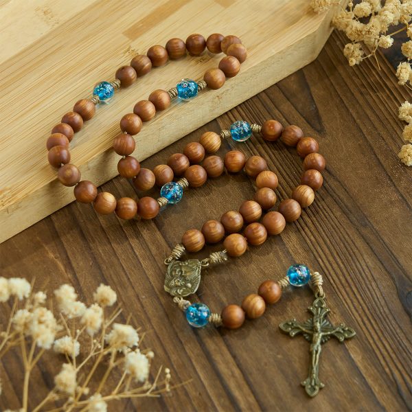 Rustic Thuja Wooden & Ocean Blue Rosary with Holy Family Guidance & Blessing