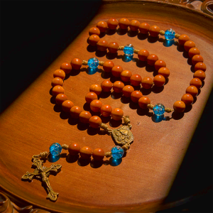 Rustic Thuja Wooden & Ocean Blue Rosary with Holy Family Guidance & Blessing