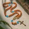 PRAYERFUL FAITH: Rustic Brown and Ocean Blue Rosary with Holy Family