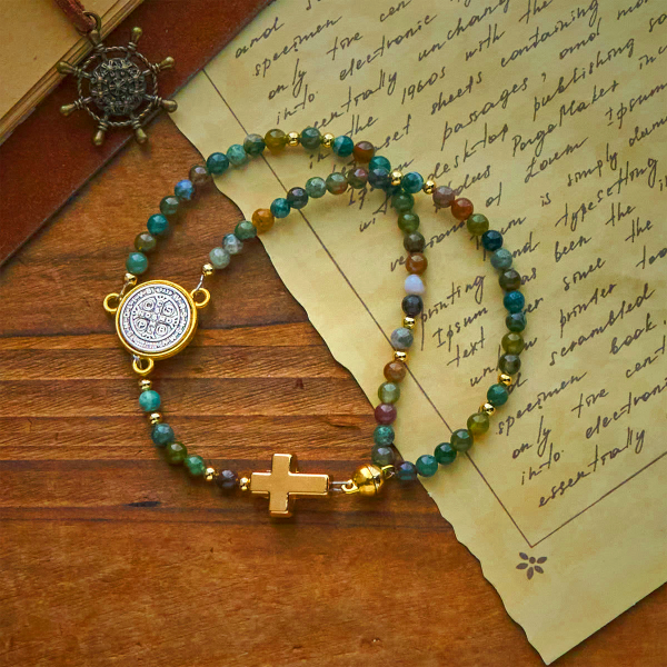 Handmade Earth Tone Rosary Bracelet with Cross & St. Benedict Charm