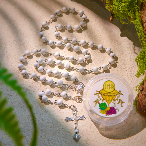 Divine Wooden Holy Chalice Communion Rosary in White with Gift Box Bundle