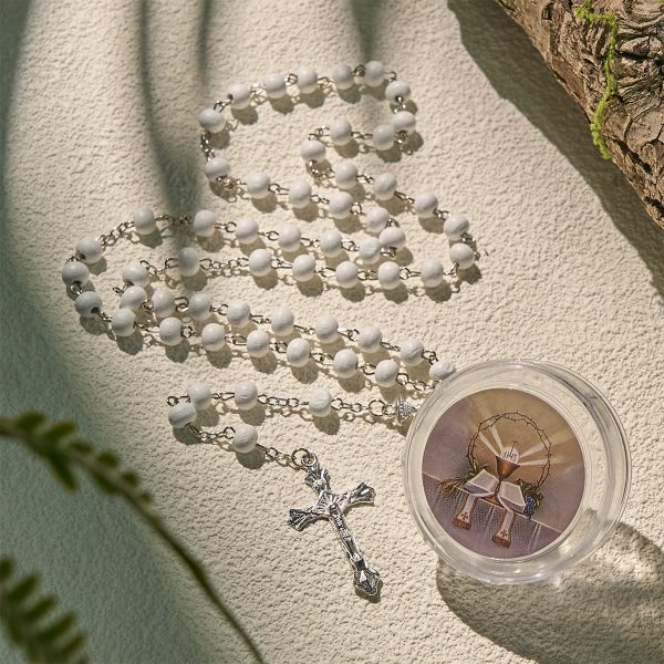 Divine Wooden Holy Chalice Communion Rosary in White with Gift Box Bundle