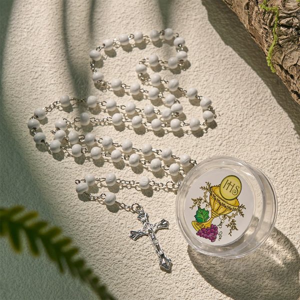 Divine Wooden Holy Chalice Communion Rosary in White with Gift Box Bundle