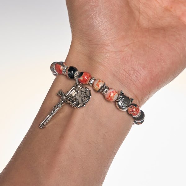 Unique Memorial Marbling Agate Beads with Calico Cat Pray Bracelet, Animal Rosary
