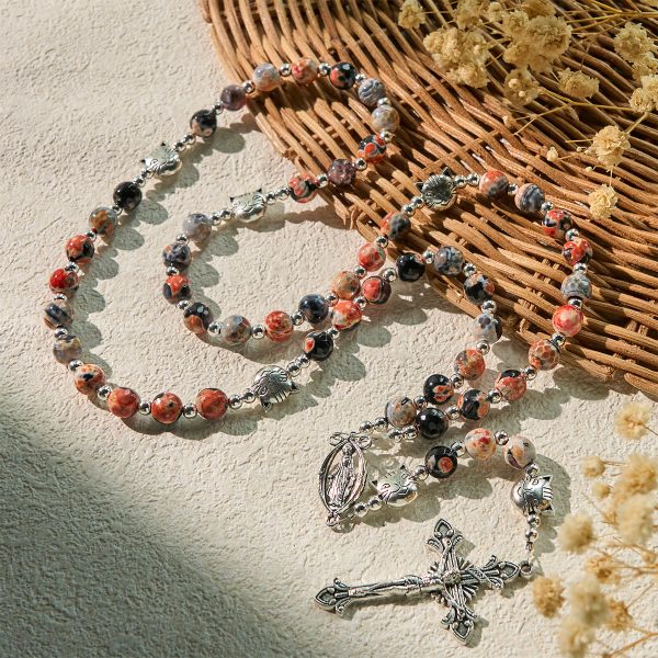 Unique Memorial Marbling Agate Beads with Calico Cat Pray Bracelet, Animal Rosary