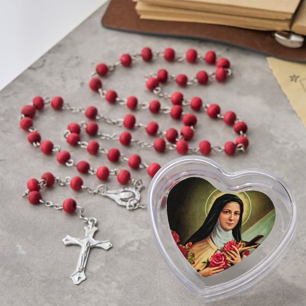 Wine Red Beads Rosary with Our Lady & Crucifix in St. Therese Heart-Shaped Box