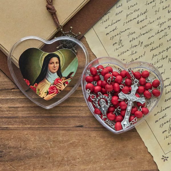 Wine Red Beads Rosary with Our Lady & Crucifix in St. Therese Heart-Shaped Box
