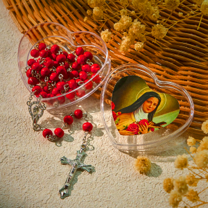 Wine Red Beads Rosary with Our Lady & Crucifix in St. Therese Heart-Shaped Box