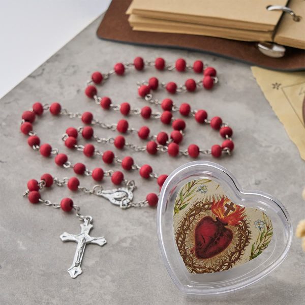 Burgundy Round Beads Rosary in Sacred Heart of Jesus Box
