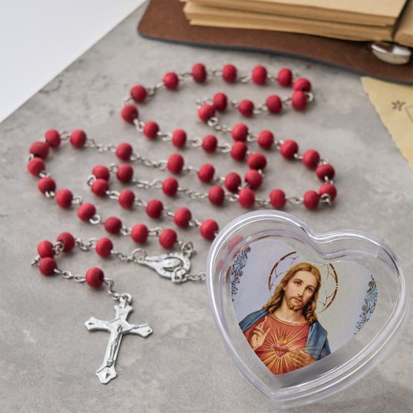 Sacred Heart of Jesus Wine Red Beads Rosary with Heart-Shaped Box