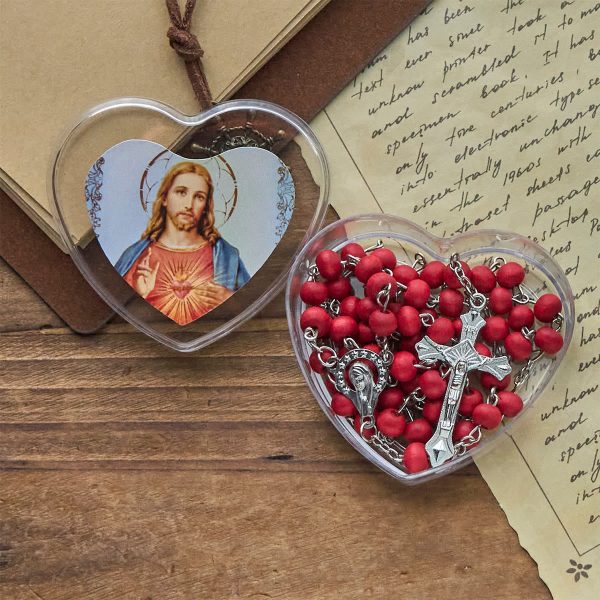 Sacred Heart of Jesus Wine Red Beads Rosary with Heart-Shaped Box