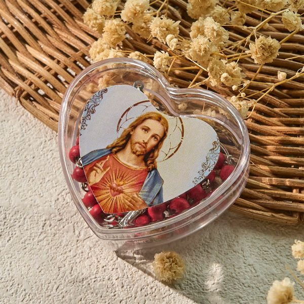 Sacred Heart of Jesus Wine Red Beads Rosary with Heart-Shaped Box