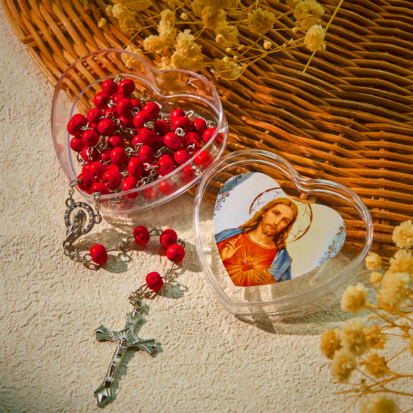 Sacred Heart of Jesus Wine Red Beads Rosary with Heart-Shaped Box