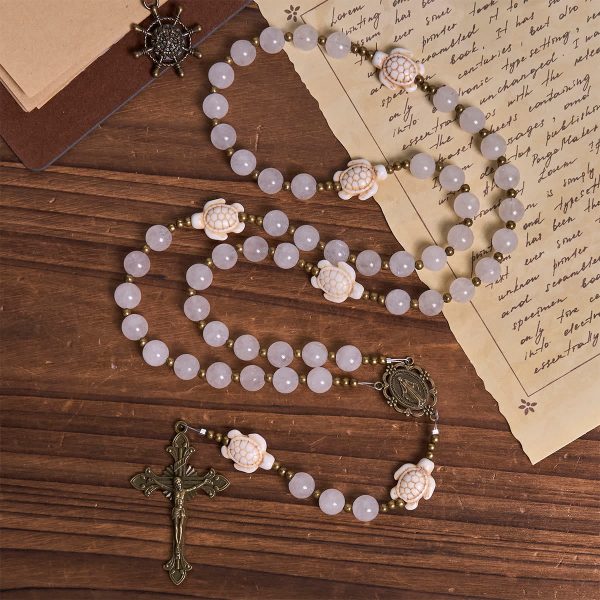 Sacred Memorial White Quartz and Sacred Turtle Prayer Animal Rosary