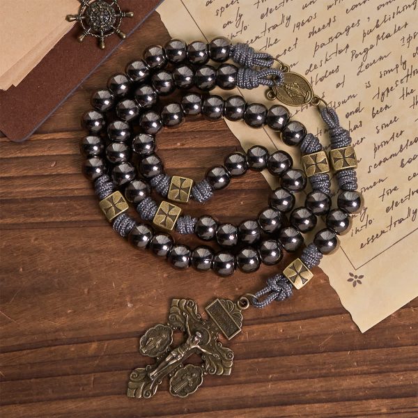Christianartworkshop Miraculous Medal & Crucifix of 8 mm Round Silver Black Gallstone Nylon Cord Rosary