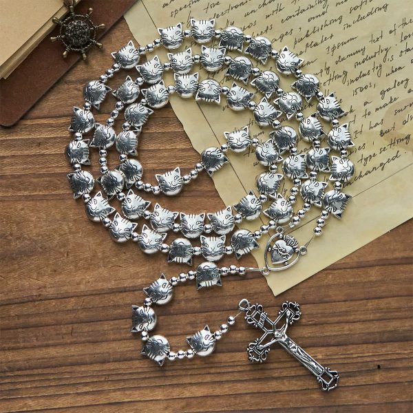 Christianartworkshop Devotion of Love Unique Tabby Cat Face Stainless Steel Animal Rosary