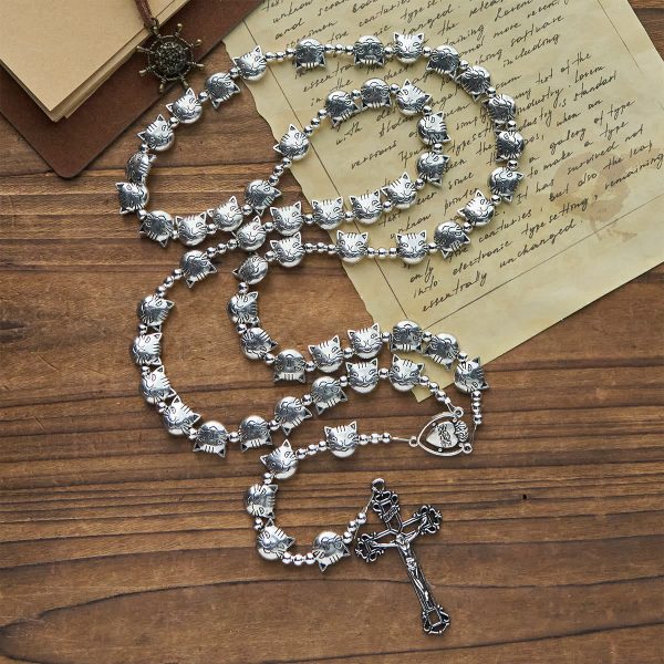 Christianartworkshop Devotion of Love Unique Tabby Cat Face Stainless Steel Animal Rosary