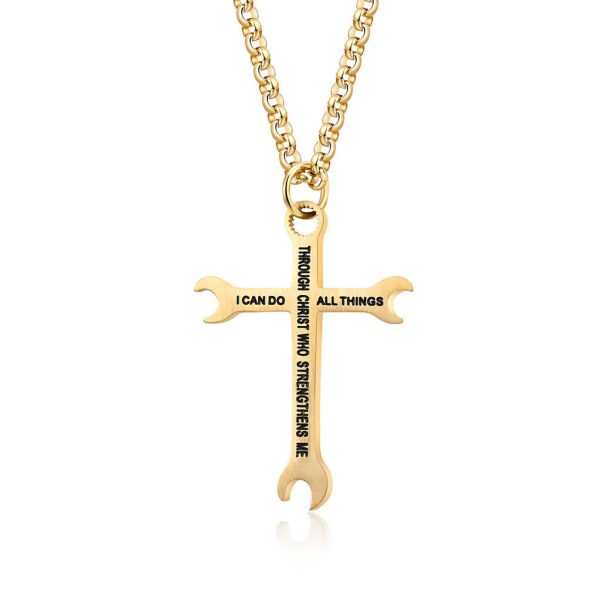 Christianartworkshop Minimalist Tricolor Wrench Cross Necklace with Faith & Strength Bible Verse