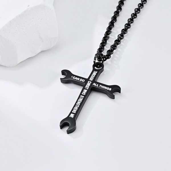Christianartworkshop Minimalist Tricolor Wrench Cross Necklace with Faith & Strength Bible Verse