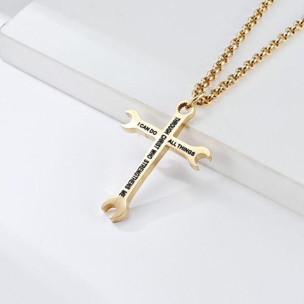 Christianartworkshop Minimalist Tricolor Wrench Cross Necklace with Faith & Strength Bible Verse