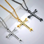 Minimalist Tricolor Wrench Cross Necklace with Bible Verse