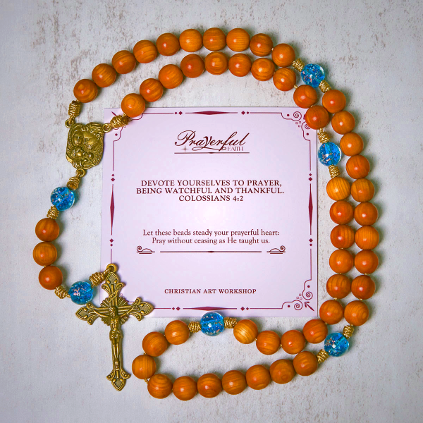 PRAYERFUL FAITH: Rustic Brown and Ocean Blue Rosary with Holy Family