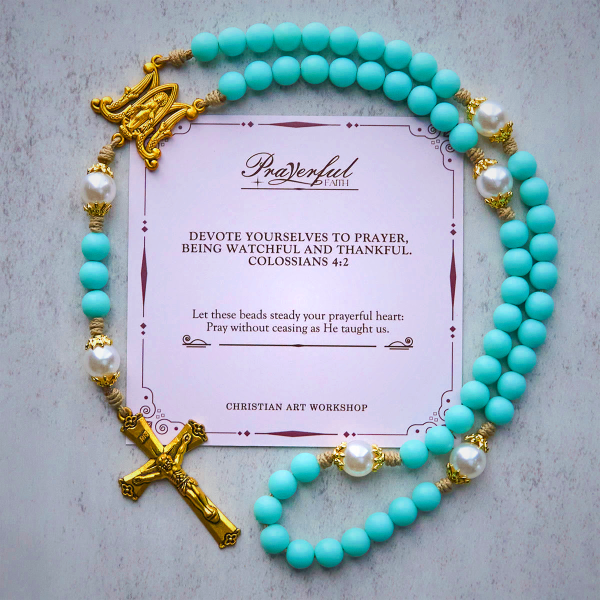 PRAYERFUL FAITH: Handmade Mint Green Beads & Pearl with Miraculous Medal