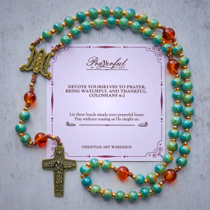 PRAYERFUL FAITH: Handcrafted Green Ceramic Rosary with Amber Beads