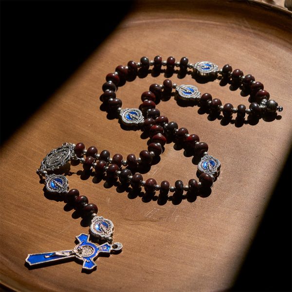 Handcrafted Deep Brown Rosary with Our Lady Blue Enamel Medals and Crucifix
