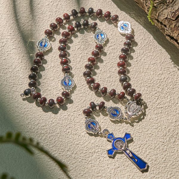 Handcrafted Deep Brown Rosary with Our Lady Blue Enamel Medals and Crucifix