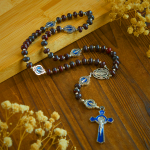 Handcrafted Deep Brown Rosary with Our Lady Blue Enamel Medals and Crucifix