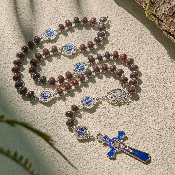 Handcrafted Deep Brown Rosary with Our Lady Blue Enamel Medals and Crucifix