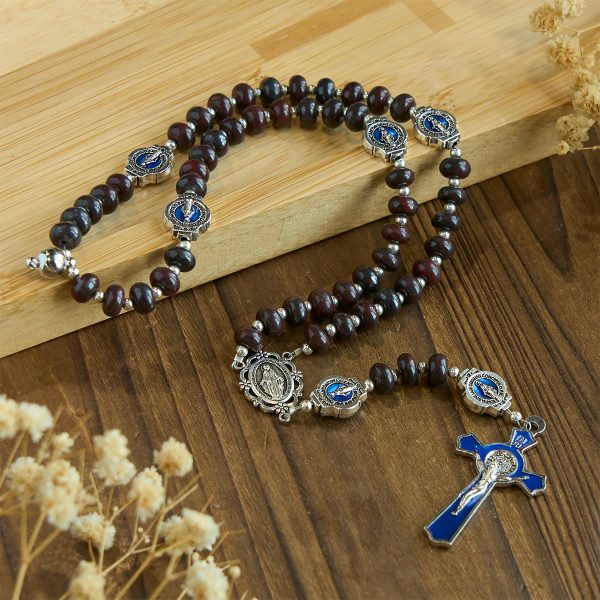 Handcrafted Deep Brown Rosary with Our Lady Blue Enamel Medals and Crucifix