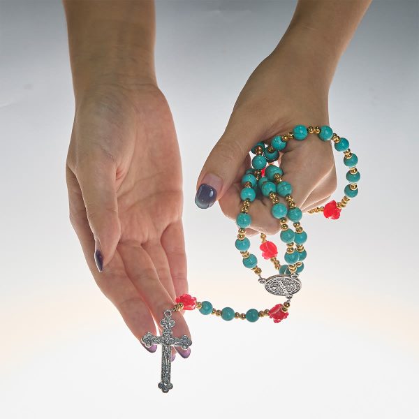 Christianartworkshop Elegant Red & Blue Rose Rosary with Turquoise Beads: Blessed by Our Lady and St. Benedict