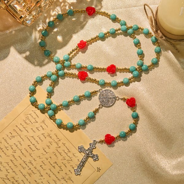 Christianartworkshop Elegant Red & Blue Rose Rosary with Turquoise Beads: Blessed by Our Lady and St. Benedict