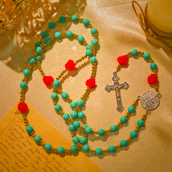 Elegant Red & Blue Rose Rosary with Turquoise Beads: Blessed by Our Lady and St. Benedict