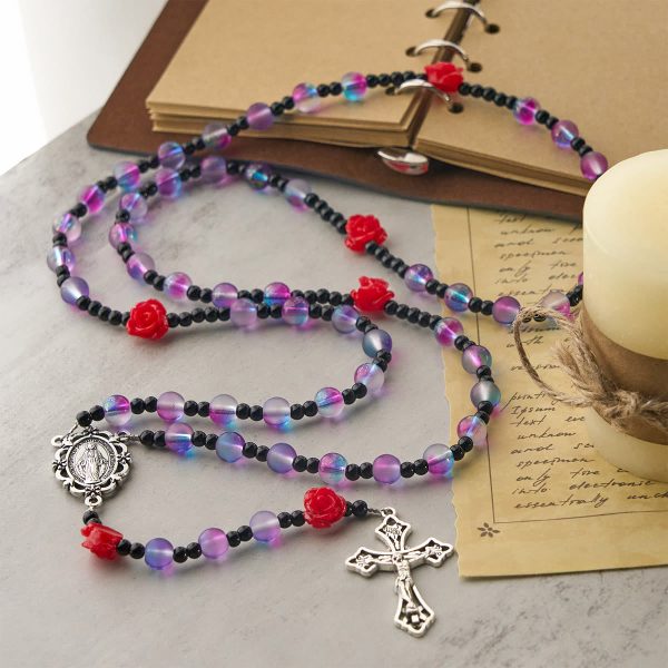 Mystical Frosted Purple-Blue Beads Rosary with Red Roses & Miraculous Medal Blessing