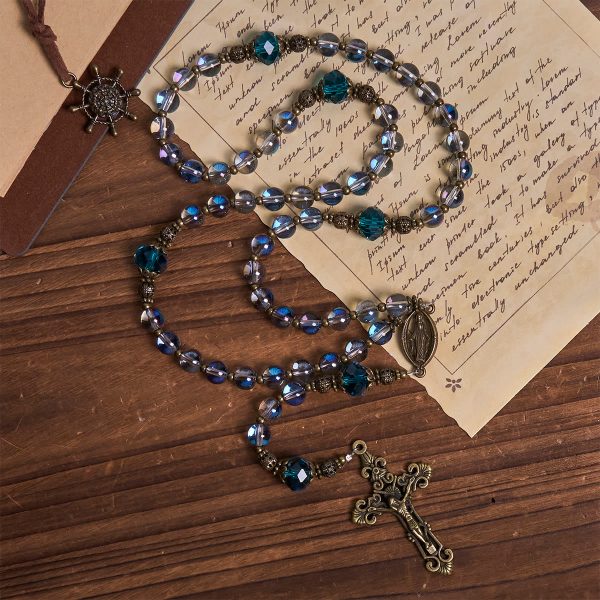Shimmering Laser Blue Crystal Rosary with Antique Bronze Miraculous Medal