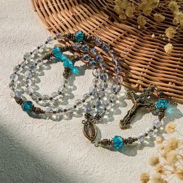 Shimmering Laser Blue Crystal Rosary with Antique Bronze Miraculous Medal