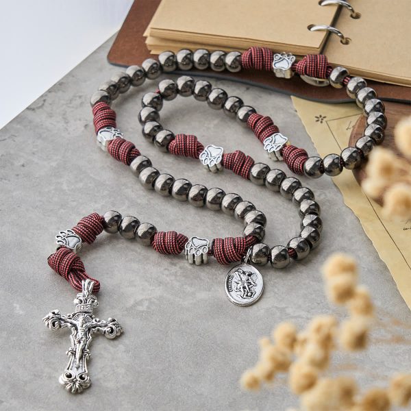Christianartworkshop Rugged Metallic Beads Paracord Rosary with Paw Charms & St. Michael